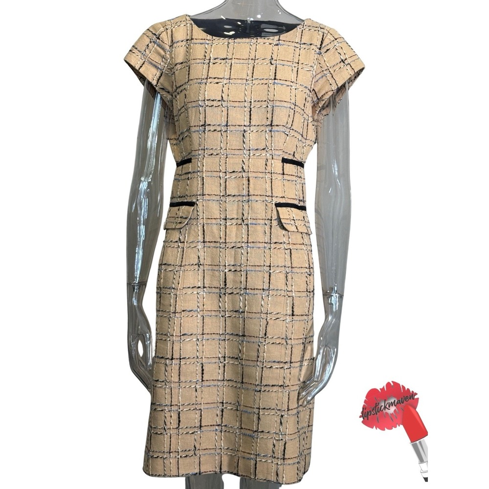 Tory Burch Evie‎ Career Dress Size 10 Woven Neutral Tan Blue Quiet Luxury